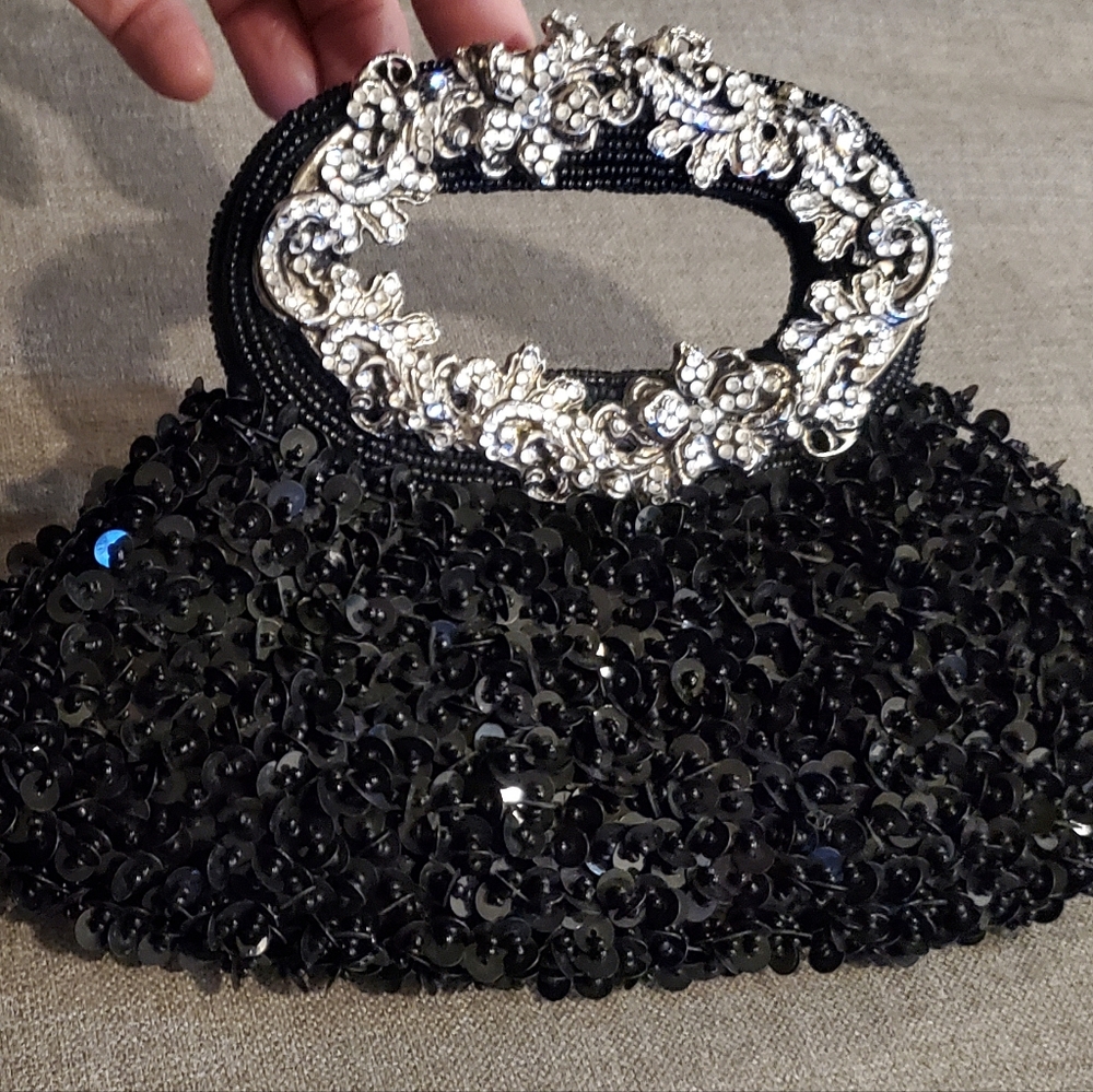 Vtg. Letty Art Nouveau Evening Hand Bag, Sequin/Beads/Crystals, Black/Silver EUC